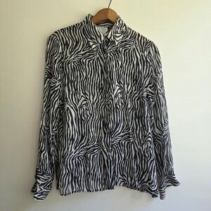 TESS Vintage 90s 100% Silk Zebra Print Blouse Black White Button Up Shirt M